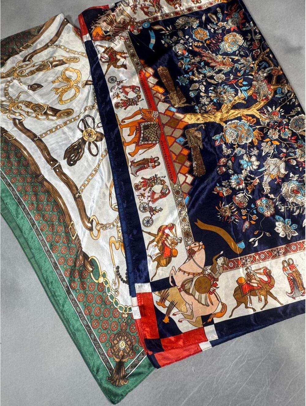 Set of 2 Large 35” square Silky Equestrian Baroque Print Scarves Horse Elephant